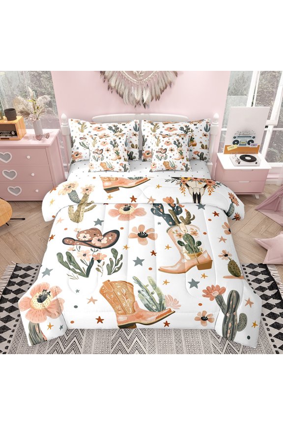 Cute Cowgirl Twin Bedding Sets 7pcs, Cactus Flower Stars Bedding Comforter Set