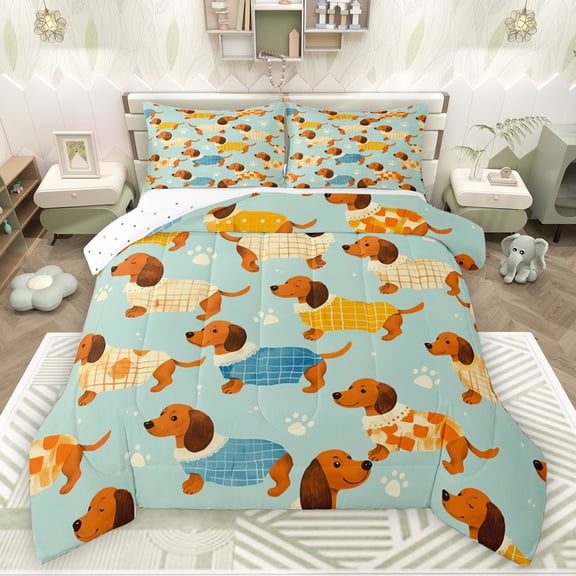 Feelyou Cute Dachshund Kids Bedding Comforter Set, Cartoon Pug Dog Twin Comforter Sets, Kawaii Dalmatian Reversible Bedding Set, Super Cozy Room Decor, 2 Pieces
