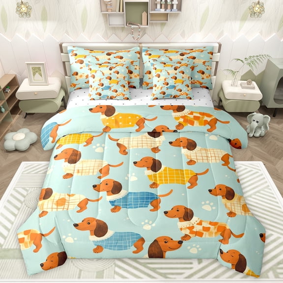 Feelyou Cute Dachshund Kids Twin Bedding Sets 7-Piece, Cartoon Pug Dog Bedding Comforter Set, Kawaii Dalmatian Reversible Sheet Sets, Super Cozy Room Decor