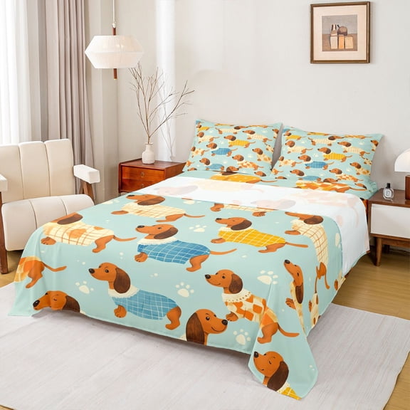 Feelyou Cute Dachshund Kids Twin Sheet Sets, Cartoon Pug Dog Twin Fitted Sheet, Kawaii Dalmatian Flat Sheet, Super Cozy Room Decor, 3 Pieces