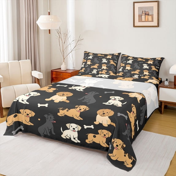 Feelyou Cute Dalmatian Animal Queen Sheet Sets, Kawaii Cartoon Dog Flat Sheet, Teens Kids Boys Girls Queen Fitted Sheet, Microfiber Bedroom Decor, 4-Piece