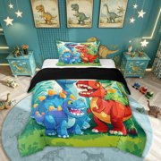 Feelyou Cute Dino Family Twin Comforter Sets for Kids, Happy Jungle Animal Bedding Set, Blue Green, Black Reversible, 2-Piece