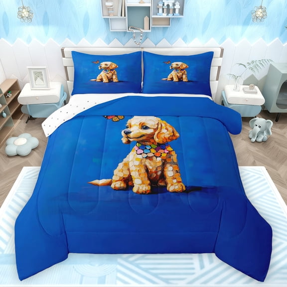Feelyou Cute Dog Pug Queen Comforter Set for Child, Kawaii Dalmatian Bedding Sets, Cartoon Animal Theme Reversible Bedding Comforter Set, Microfiber Bedroom Decor, 3-Piece