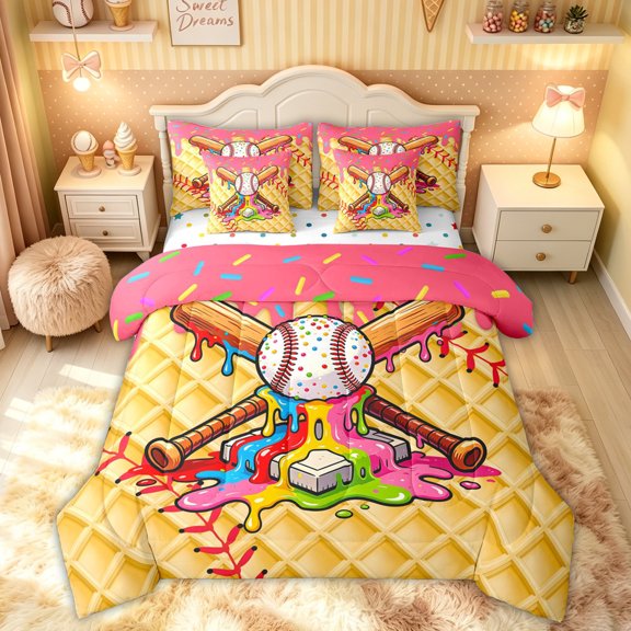 Feelyou Cute Donut Baseball Twin Bedding for Boys, Ice Cream Bat Sport Bedding Comforter Set, Multicolor, Polkadot Reversible, 7 Pieces