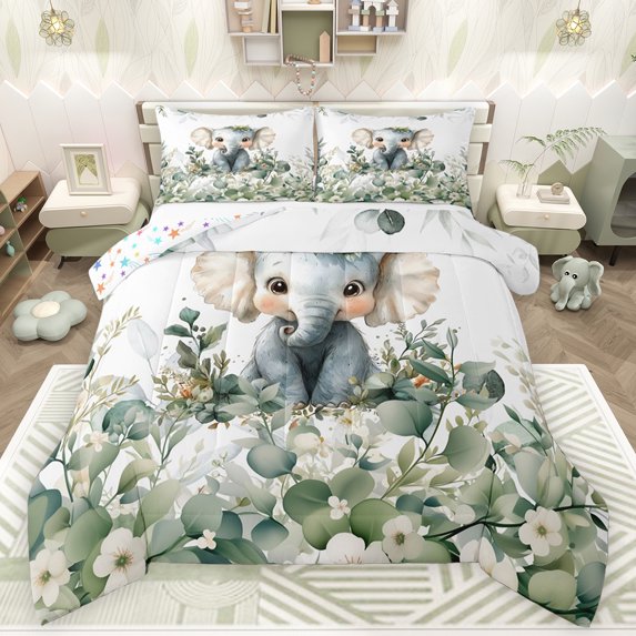 Feelyou Cute Elephant Animal Full Size Comforter Sets for Kids, Kawaii Jungle Wildlife Bedding Comforter Set, Green Leaf Plant Reversible Bedding Sets, Ultra Soft Bedroom Decor, 3 Pieces