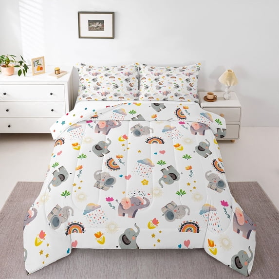 Feelyou Cute Elephant Animal Queen Comforter Set, Rainbow Flower Bedding Set, 3pcs