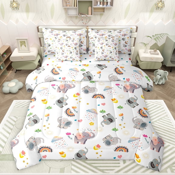 Feelyou Cute Elephant Animal Twin Bedding Sets 7pcs, Rainbow Flower Bedding Comforter Set