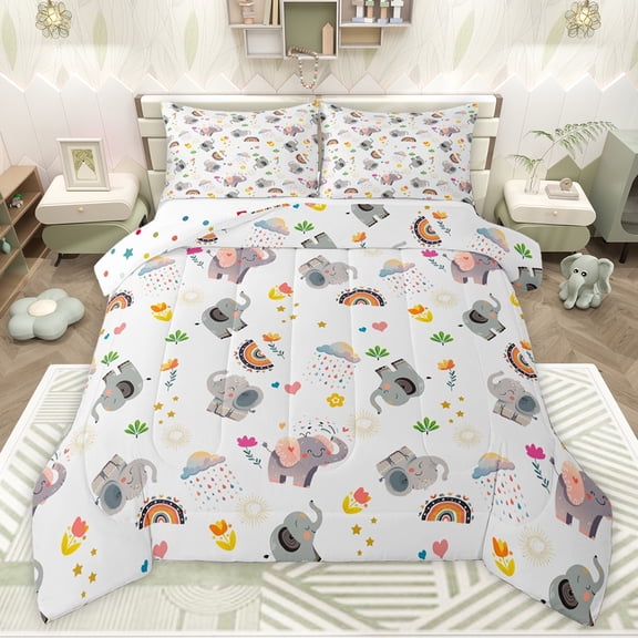 Feelyou Cute Elephant Animal Twin Comforter Sets, Rainbow Flower Bedding Set, 2 Pieces