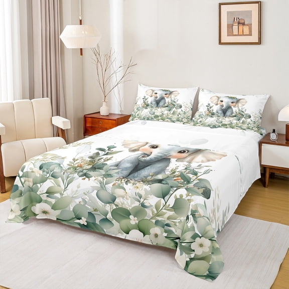 Feelyou Cute Elephant Animal Twin Sheet Sets for Kids, Kawaii Jungle Wildlife Twin Fitted Sheet, Green Leaf Plant Flat Sheet, Ultra Soft Bedroom Decor, 3 Pieces