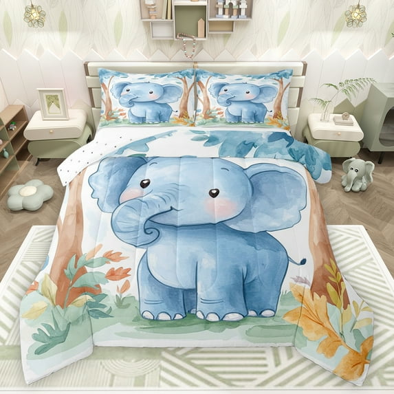 Feelyou Cute Elephant Blue Queen Comforter Set, Watercolor Animal Bedding Sets, Teens Kids Boys Girls Reversible Bedding Comforter Set, Breathable Home Decor, 3pcs