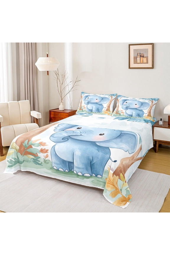 Cute Elephant Blue Twin Sheet Sets, Watercolor Animal Twin Fitted Sheet, Teens Kids Boys Girls Flat Sheet, Breathable Home Decor, 3pcs