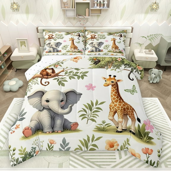 Feelyou Cute Elephant Print Queen Comforter Set for Kids, Jungle Giraffe Monkey Bedding Sets, Kawaii Zoo Animal Reversible Bedding Comforter Set, Microfiber Bedroom Decor, 3-Piece
