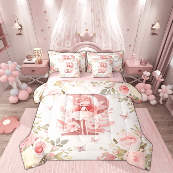 Feelyou Cute Elf Twin Comforter Set for Girls, Pink Flower Floral Bedding Set, Cartoon P Letter Bedding Comforter Sets, Pink Reversible, 7 Pieces