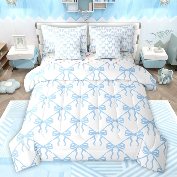 Feelyou Cute Fashion Bow Bedding Comforter Set 7 Pieces for Child, Kawaii Bowknot Blue Full Bedding Set, Fairy Tale Princess Ribbon Reversible Fitted Sheet Flat Sheet, Luxury Bedroom Decor