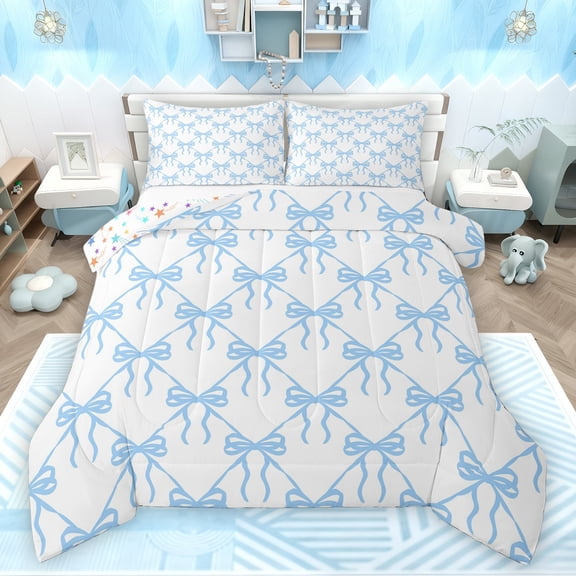 Feelyou Cute Fashion Bow Full Size Comforter Sets for Child, Kawaii Bowknot Blue Bedding Comforter Set, Fairy Tale Princess Ribbon Reversible Bedding Sets, Luxury Bedroom Decor, 3pcs
