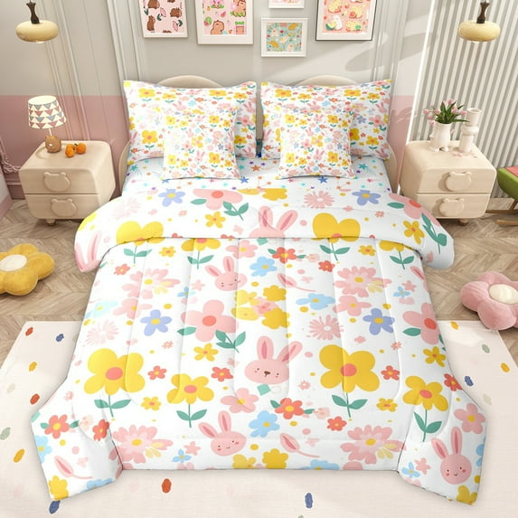 Feelyou Cute Floral Flower Bedding Comforter Set 7 Pieces, Kawaii Bunny Rabbit Full Bedding Set, Spring Groovy Daisy Reversible Fitted Sheet Flat Sheet, Breathable Home Decor