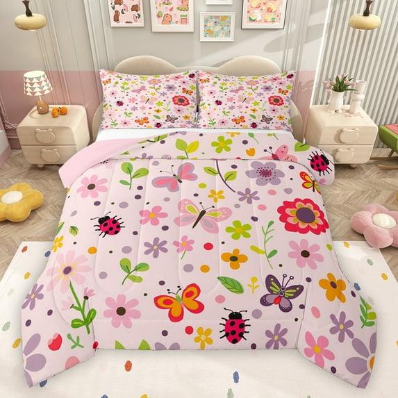 Feelyou Cute Floral Flower Bedding Comforter Set for Kids, Spring Garden Plant Twin Comforter Sets, Butterfly Ladybug Reversible Bedding Set, Microfiber Bedroom Decor, 2-Piece
