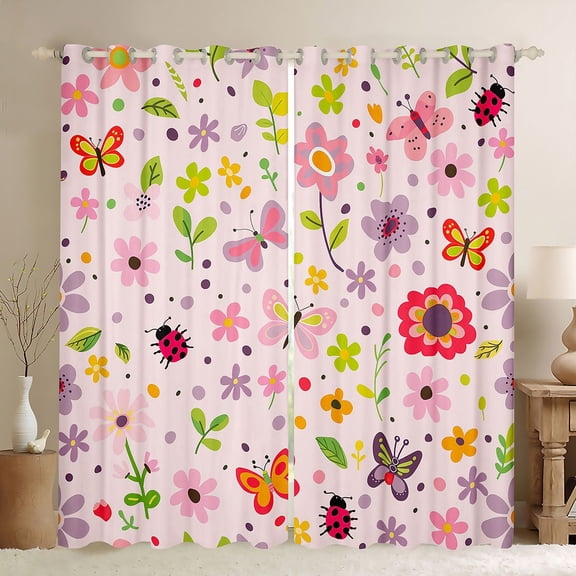 Feelyou Cute Floral Flower Black Out Curtains for Kids, Spring Garden Plant Curtains Pack of 2 (42x63 Each), Butterfly Ladybug Bedroom Curtains, Window Curtains Bedroom Decor