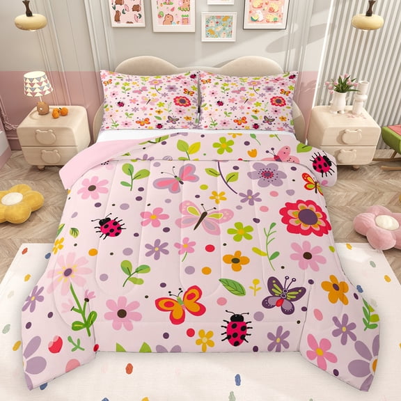 Feelyou Cute Floral Flower Queen Comforter Set for Kids, Spring Garden Plant Bedding Sets, Butterfly Ladybug Reversible Bedding Comforter Set, Microfiber Bedroom Decor, 3-Piece