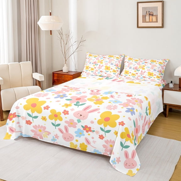 Feelyou Cute Floral Flower Queen Sheet Sets, Kawaii Bunny Rabbit Flat Sheet, Spring Groovy Daisy Queen Fitted Sheet, Breathable Home Decor, 4pcs