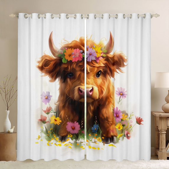 Feelyou Cute Flower Cow Curtains Pack of 2 (42x84 Each) for Teen, Kawaii Farmhouse Animal Curtains Blackout, Groovy Floral Bedroom Curtains, Blackout Curtains Home Decor