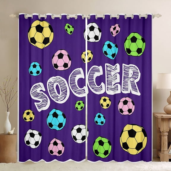 Feelyou Cute Football Soccer Curtains Pack of 2 (42x84 Each) for Kids, Est Sleep Sports Curtains Blackout, Purple Cartoon Theme Bedroom Curtains, Living Room Curtains Decor