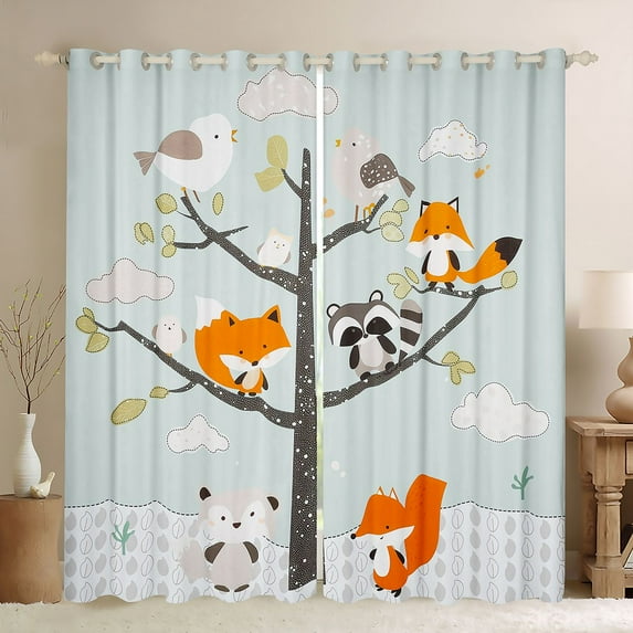 Feelyou Cute Fox Raccoon Blackout Curtains Set of 2 (52x84 Each),Kawaii Cartoon Animal Window Curtains, Teens Kids Girls Boys Curtains and Drapes, Window Curtains Home Decor