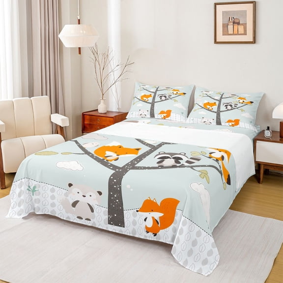 Feelyou Cute Fox Raccoon Twin Sheet Sets,Kawaii Cartoon Animal Twin Fitted Sheet, Teens Kids Girls Boys Flat Sheet, Breathable Home Decor, 3 Pieces