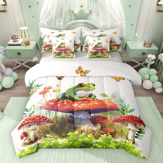 Feelyou Cute Frog Animal Bedding Comforter Set 7 Pieces, Jungle Mushroom Full Bedding Set