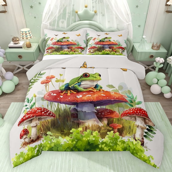 Feelyou Cute Frog Animal Queen Comforter Set, Jungle Mushroom Bedding Comforter Set, 3pcs