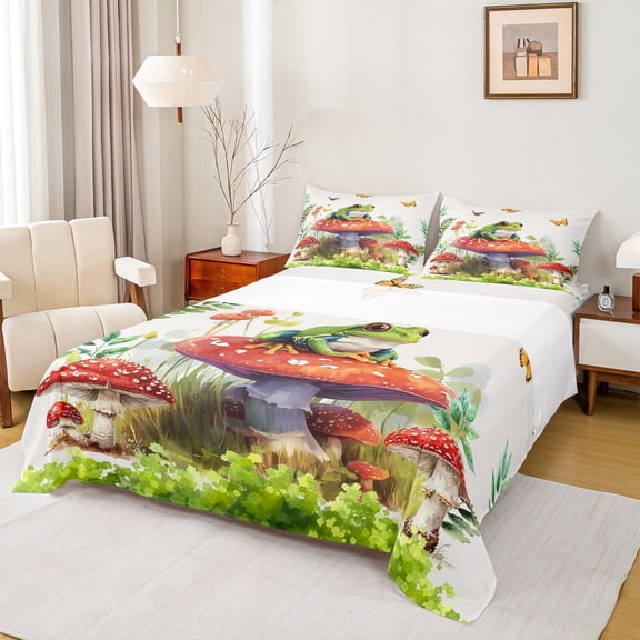 Feelyou Cute Frog Animal Twin Sheet Sets, Jungle Mushroom Bedding, 3 Pieces