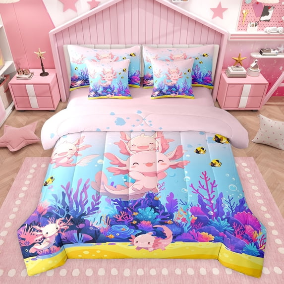 Feelyou Cute Funny Axolotl Bedding Comforter Set 7pcs for Child, Cartoon Ocean Coral Queen Bedding Sets, Dreamy Fairy Tale Reversible Queen Sheet Sets, Breathable Home Decor