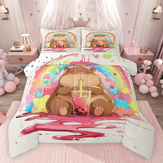 Feelyou Cute Funny Capibara Queen Comforter Set for Kid, Milk Tea Animal Bedding Sets, Cartoon Watercolor Rainbow Reversible Bedding Comforter Set, Microfiber Bedroom Decor, 3pcs
