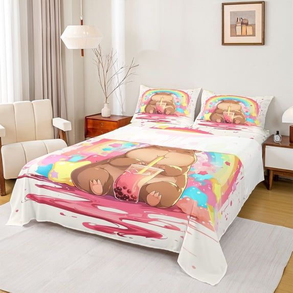 Feelyou Cute Funny Capibara Twin Sheet Sets for Kid, Milk Tea Animal Twin Fitted Sheet, Cartoon Watercolor Rainbow Flat Sheet, Microfiber Bedroom Decor, 3pcs