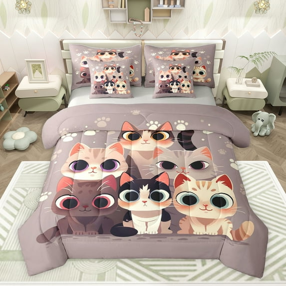 Feelyou Cute Funny Kitten Twin Bedding Sets 7-Piece for Child, Kawaii Cat Bedding Comforter Set, Cartoon Animal Theme Reversible Sheet Sets, Super Cozy Room Decor