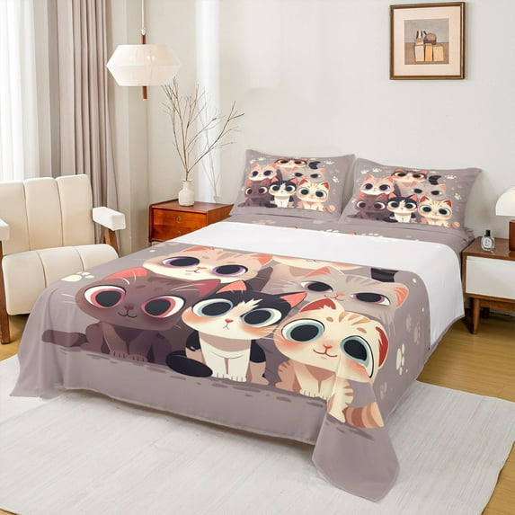 Feelyou Cute Funny Kitten Twin Sheet Sets for Child, Kawaii Cat Twin Fitted Sheet, Cartoon Animal Theme Flat Sheet, Super Cozy Room Decor, 3pcs