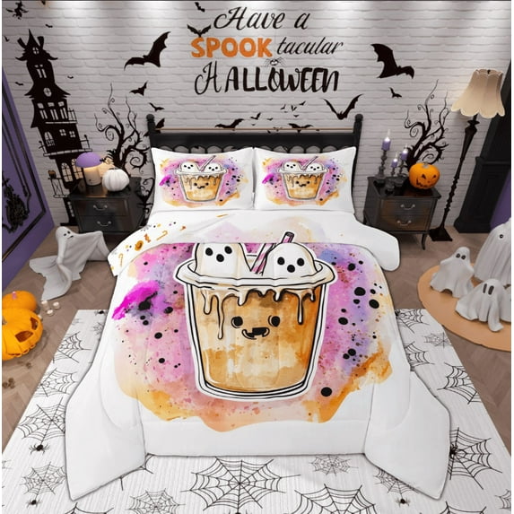 Feelyou Cute Ghost 01 for Kids, Boba Milk Tea Twin Comforter Sets, Cartoon Watercolor Reversible Bedding Set, Breathable Home Decor,2 Pieces