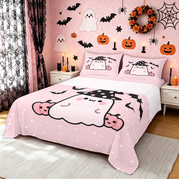 Feelyou Cute Ghost Bat Bed Sheets, Halloween Pumpkin Full Size Sheets, 4-Piece, 1 Flat Sheet, 1 Fitted Sheet and 2 Pillowcases