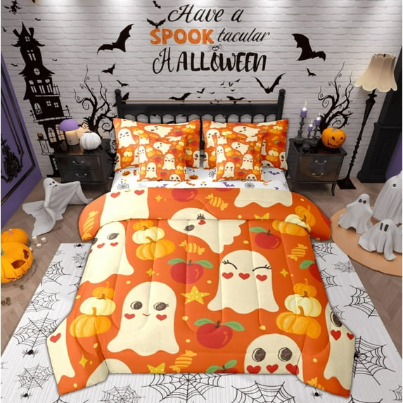 Feelyou Cute Ghost Bedding Comforter Set 7pcs for Girl, Happy Halloween Queen Bedding Sets, Autumn Pumpkin Reversible Queen Sheet Sets, Ultra Soft Home Decor