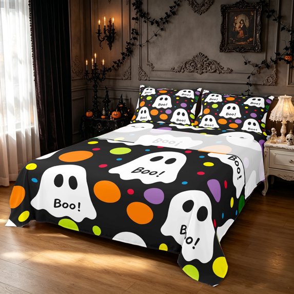 Feelyou Cute Ghost Boo King Sheets, Watercolor Polka Dot Bedding, Black White, 4-Piece, 1 Flat Sheet, 1 Fitted Sheet and 2 Pillowcases