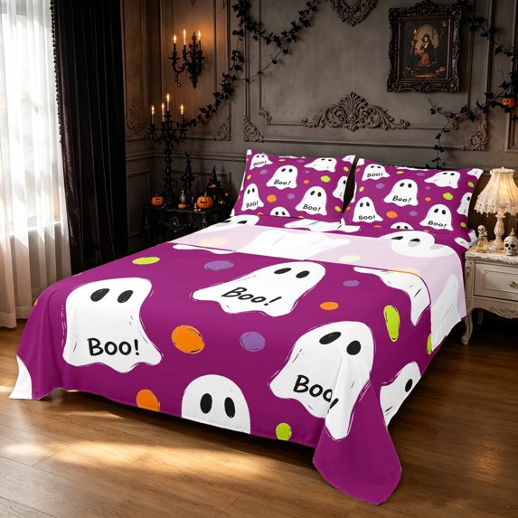 Feelyou Cute Ghost Boo Queen Sheets, Watercolor Polka Dot Queen Sheet Sets, Magenta White, 4 Pieces, 1 Flat Sheet, 1 Fitted Sheet and 2 Pillowcases