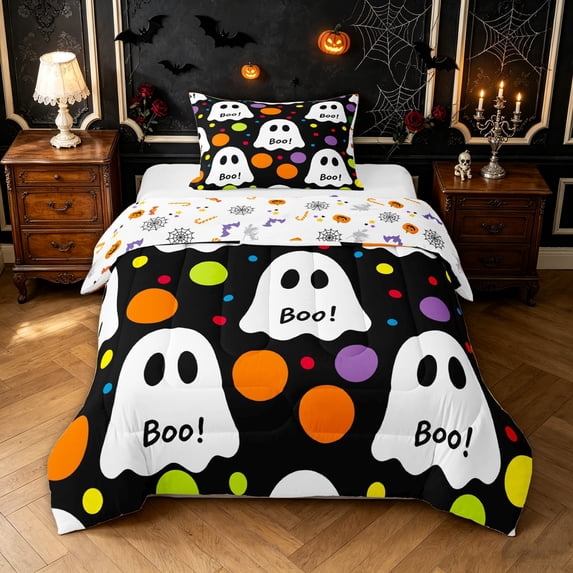 Feelyou Cute Ghost Boo Twin Comforter Sets, Watercolor Polka Dot Bedding Set, Black White, Halloween Reversible, 2-Piece, 1 Comforter and 2 Pillowcases