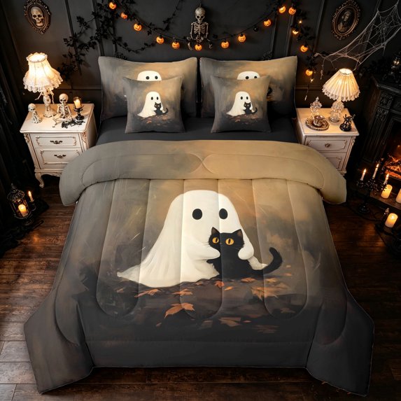 Feelyou Cute Ghost Full Size Bedding Sets, Kawaii Black Cat Fall Foliage Full Size Bed in a Bag, Dark Taupe, Black Reversible, 7pcs