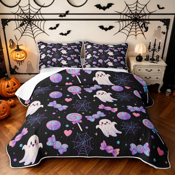 Feelyou Cute Ghost Lollipop Quilt Full, Kawaii Halloween Spider Web Full Bedspread Sets, 3 Pieces, 1 Comforter and 2 Pillowcases