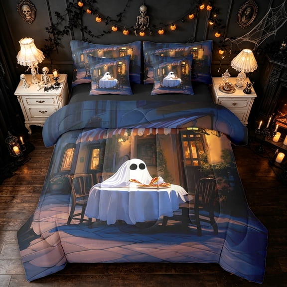 Feelyou Cute Ghost Pizza Twin Bedding, Cartoon Night Street Scene Bedding Comforter Set, Blue Cream, Black Reversible, 7pcs