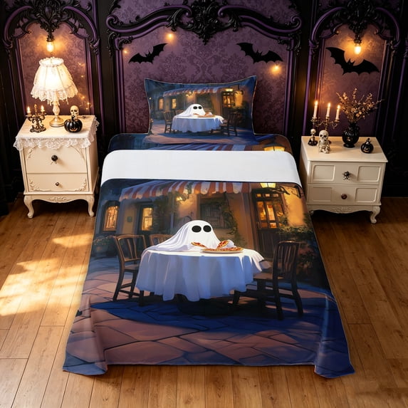 Feelyou Cute Ghost Pizza Twin Sheets, Cartoon Night Street Scene Bedding, Blue Cream, 3pcs, 1 Flat Sheet, 1 Fitted Sheet and 1 Pillowcase
