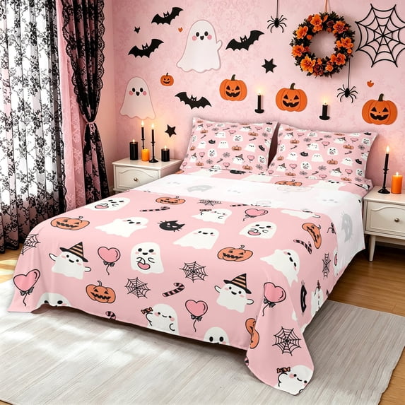 Feelyou Cute Ghost Pumpkin King Sheets, Kawaii Cat Spider Bedding, 4pcs, 1 Flat Sheet, 1 Fitted Sheet and 2 Pillowcases