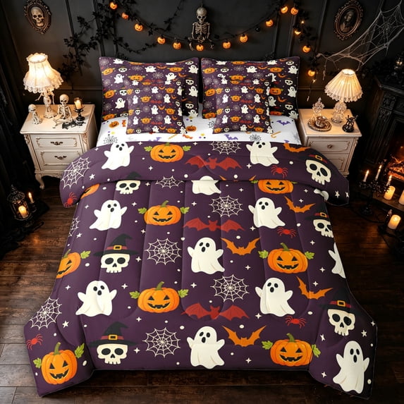 Feelyou Cute Ghost Pumpkin Twin Bedding, Cartoon Gothic Skull Bat Bedding Comforter Set, Halloween Reversible, 7pcs
