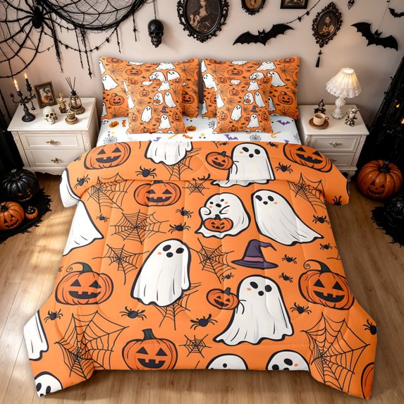 Feelyou Cute Ghost Pumpkin Twin Bedding, Spooky Spider Web Bedding Comforter Set, Orange, Halloween Reversible, 7 Pieces