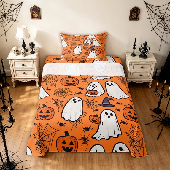 Feelyou Cute Ghost Pumpkin Twin Sheets, Spooky Spider Web Bedding, Orange, 3 Pieces, 1 Flat Sheet, 1 Fitted Sheet and 1 Pillowcase